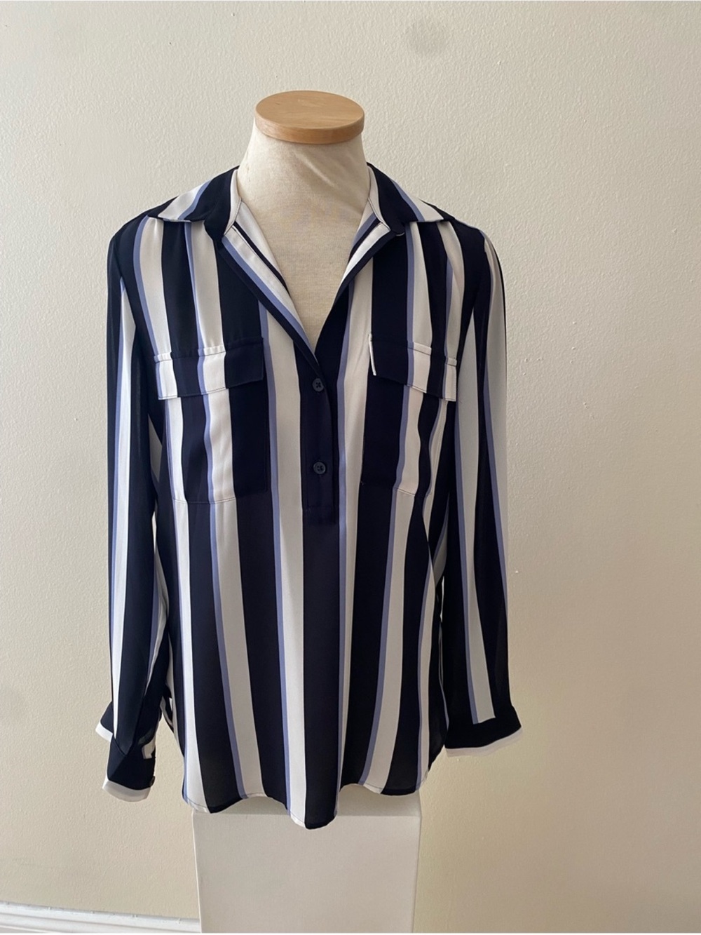 Ann Taylor Navy and White Vertical Stripe Button-Front Blouse